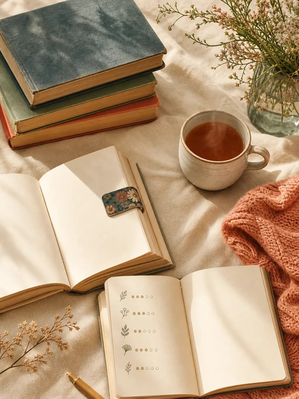 Cosy Reading Corner — well-loved books, an open paperback with magnetic bookmark, a cup of tea on warm cream linen