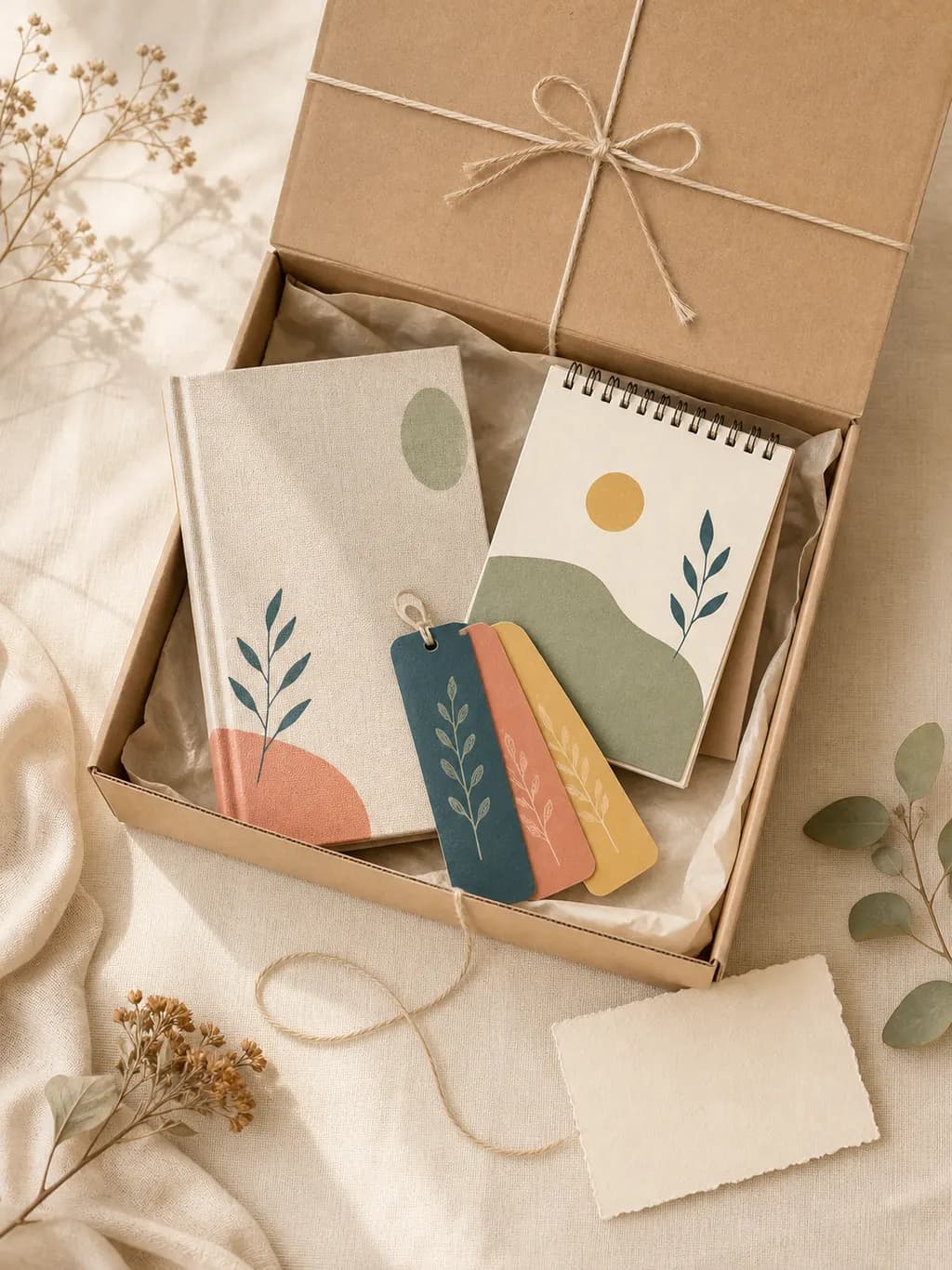 Starter Shop — open kraft gift box with a linen-bound notepad, fanned bookmark set, and desk-easel calendar on warm cream linen