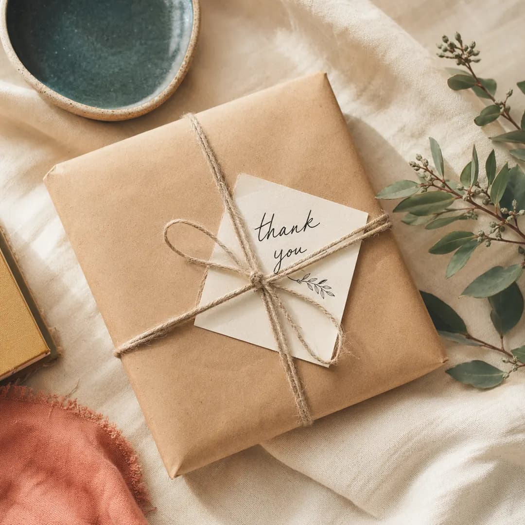 Studio post — wrapped order in kraft paper with handwritten note