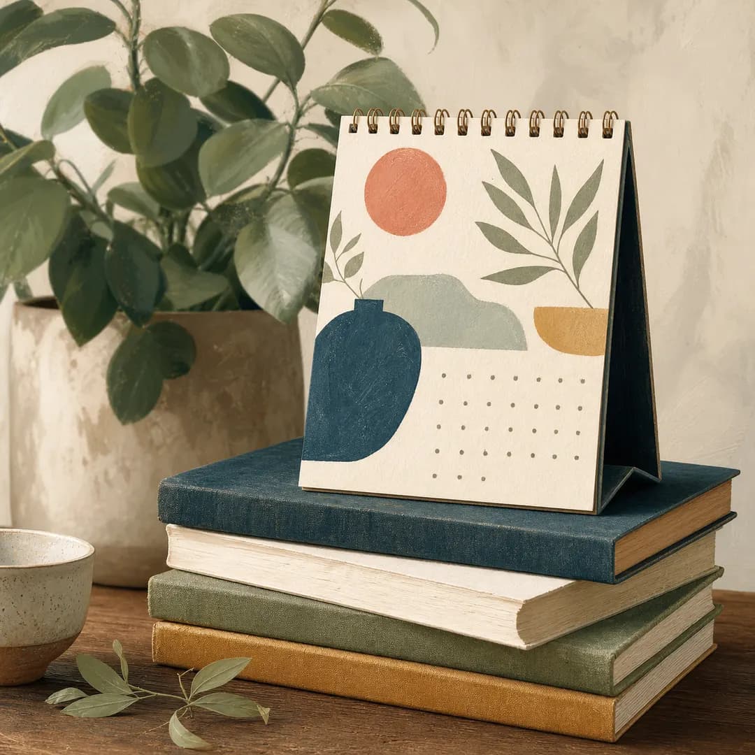 Studio post — calendar mockup propped against a stack of books