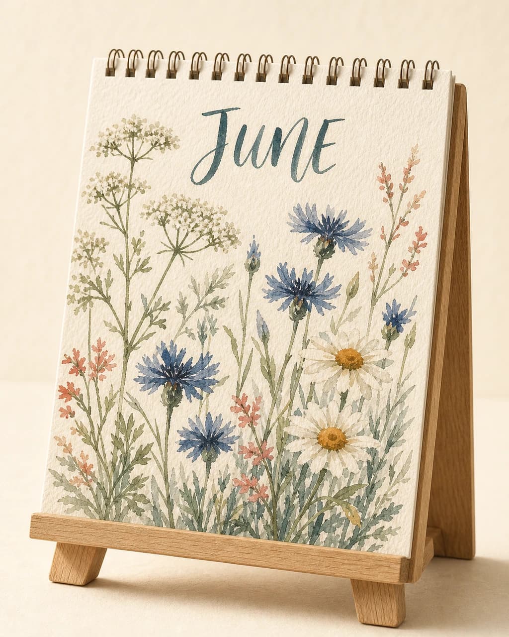 2026 Desk Calendar — close-up of the June page with watercolor wildflowers and hand-lettered month