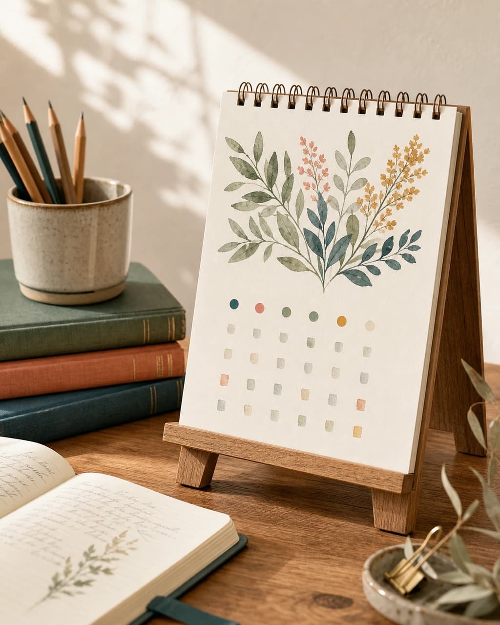2026 Desk Calendar — on a writer's desk beside a stack of books, pencil cup, and open notebook in morning light