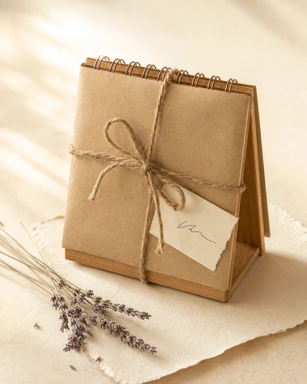 2026 Desk Calendar — wrapped in a kraft gift sleeve with twine and a handwritten gift tag