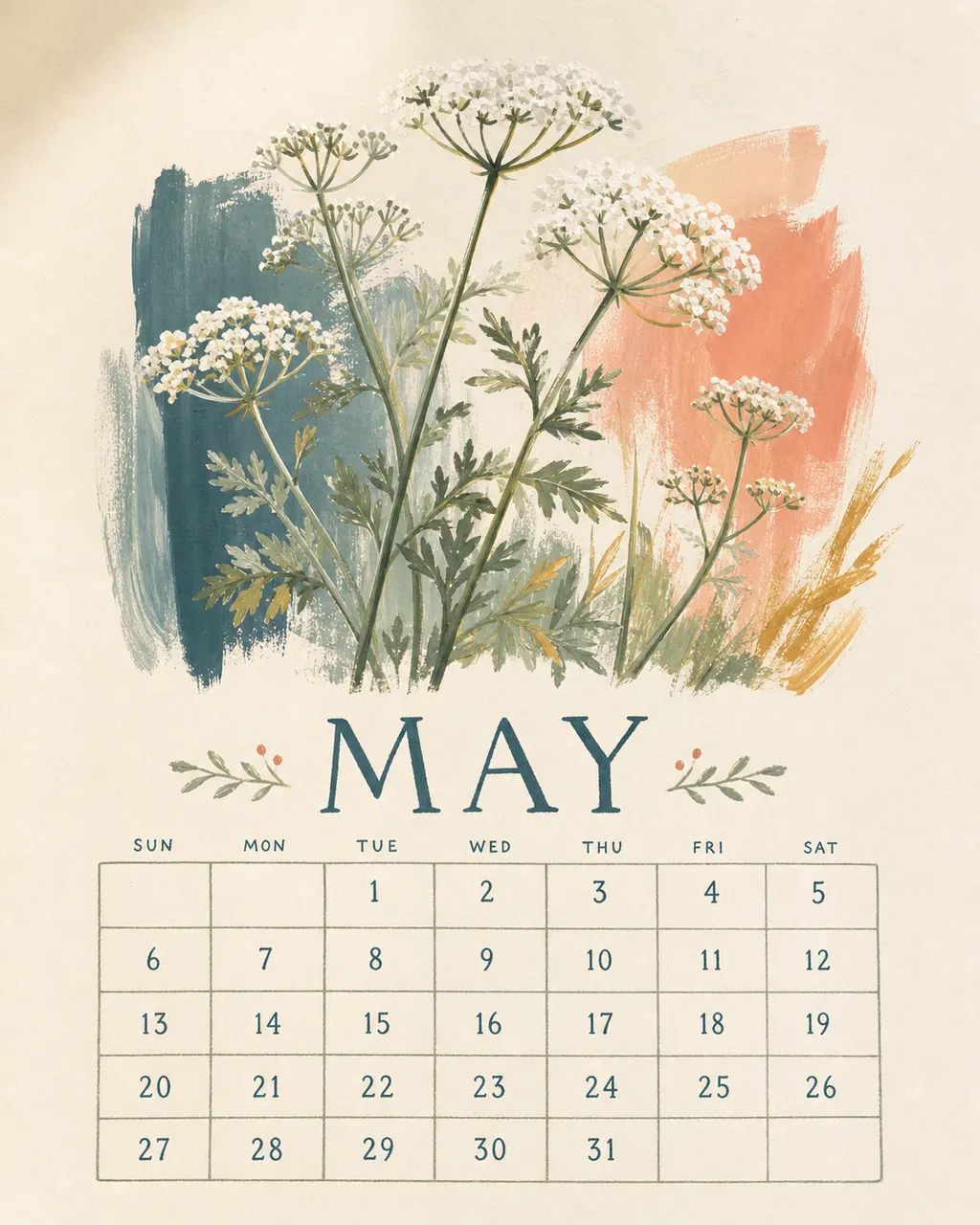 Close-up of a calendar month — gouache cow parsley above the date grid