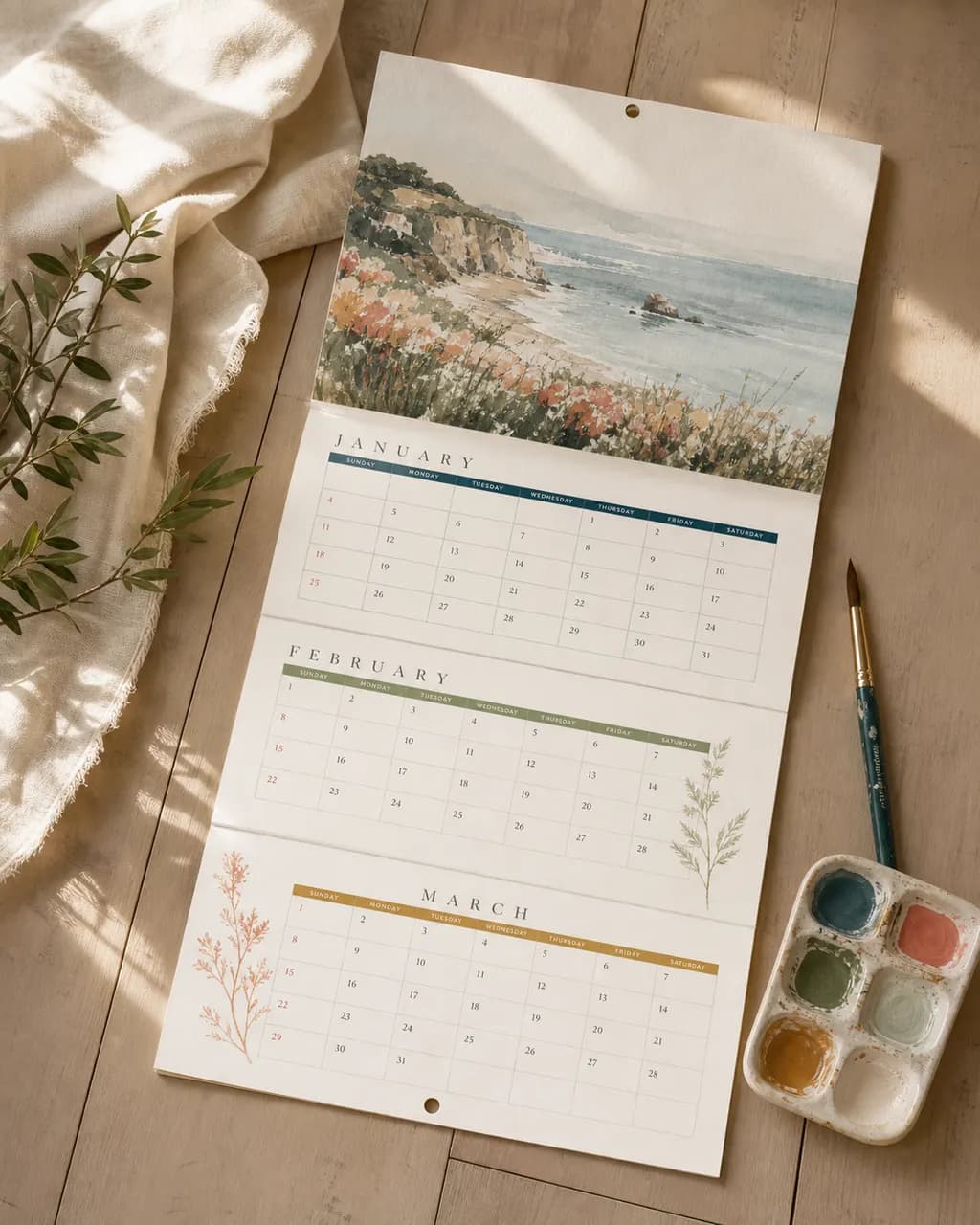 The calendar lying flat on a wooden floor with a brush and gouache palette