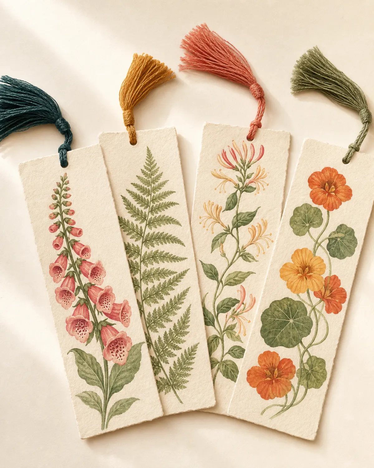 Four painted botanical bookmarks fanned across warm cream paper