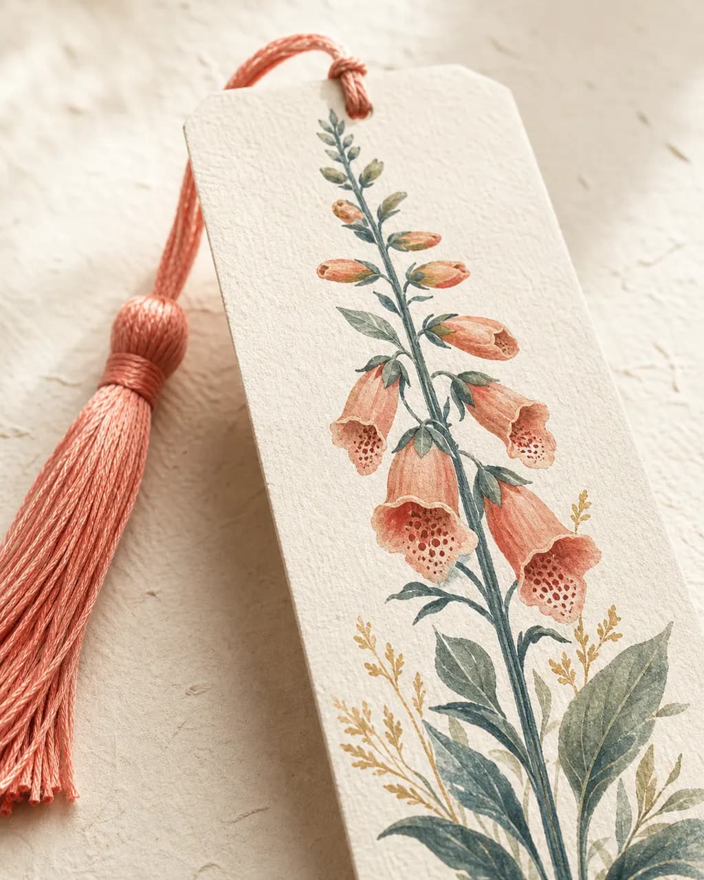 Macro of a foxglove botanical bookmark with coral silk tassel