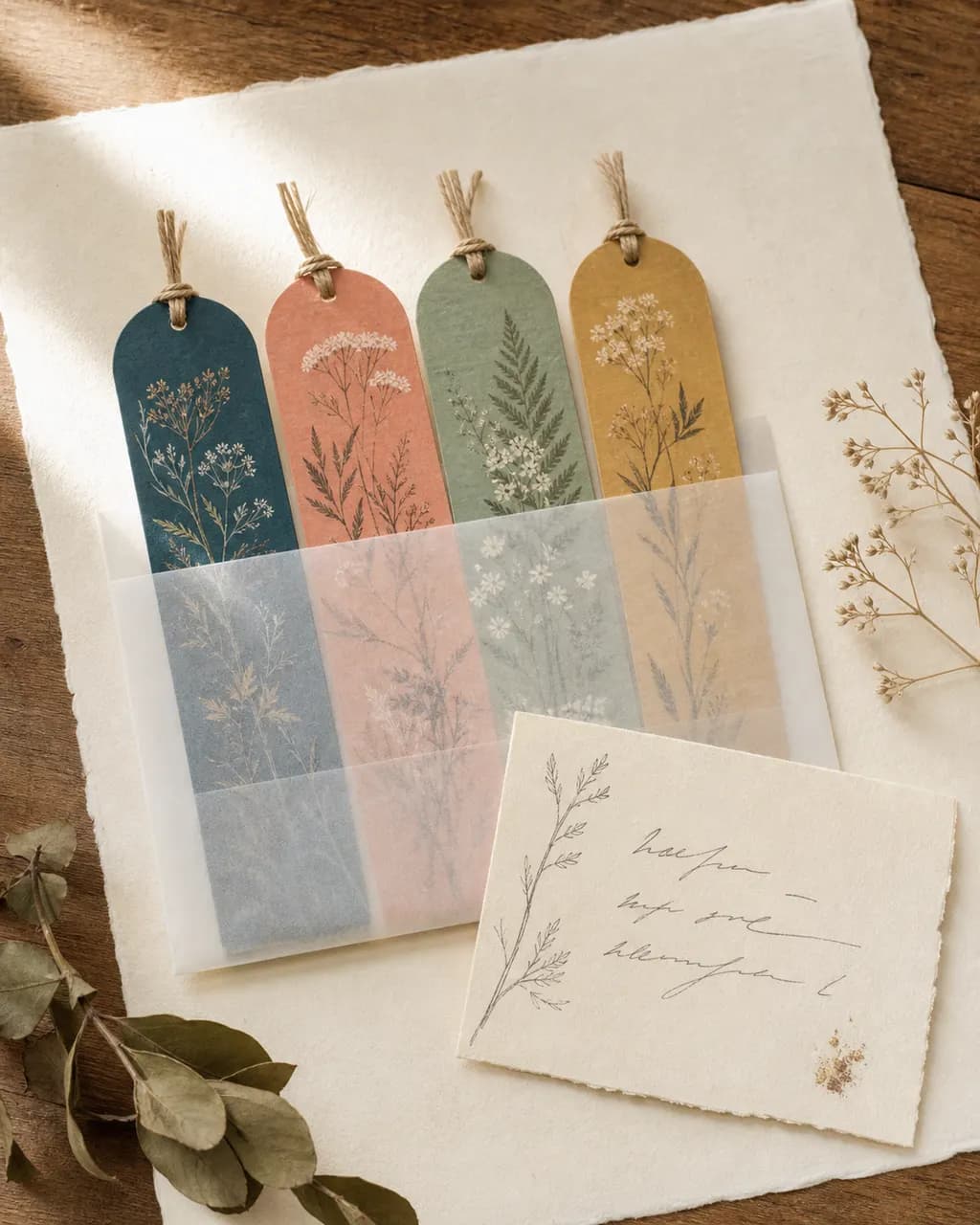 A botanical bookmark tucked into an open novel on a bedside table