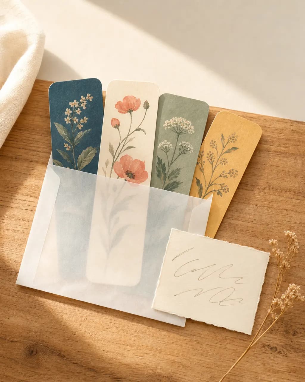 Four botanical bookmarks displayed in glassine envelope with handwritten thank-you card