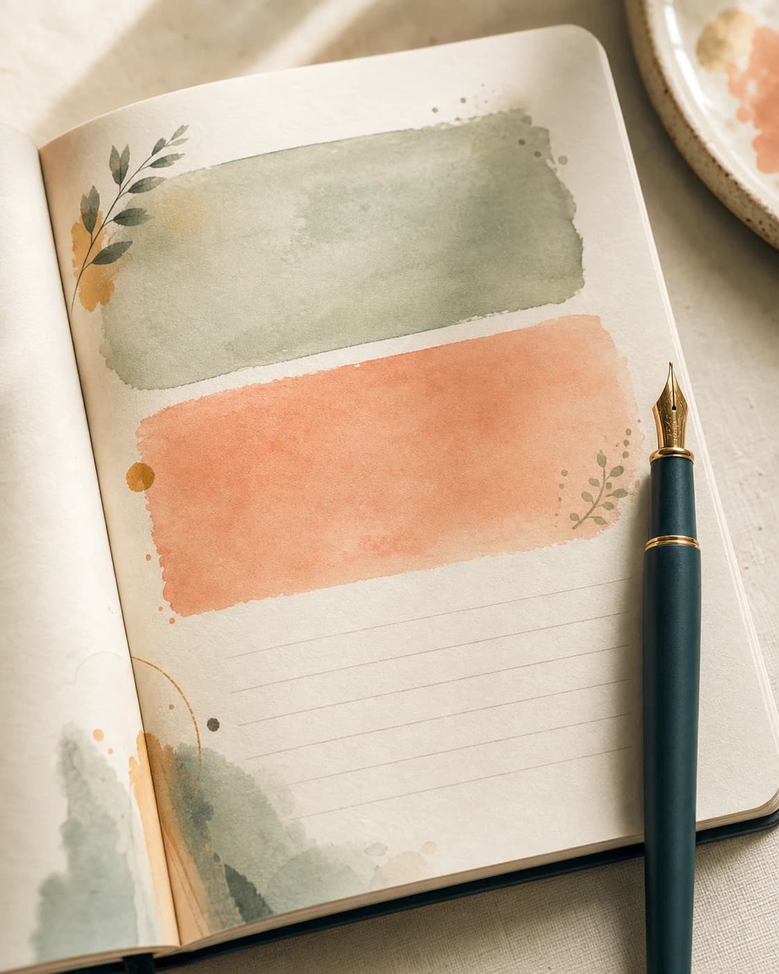 Macro of a guided journal prompt page with watercolor boxes and a fountain pen