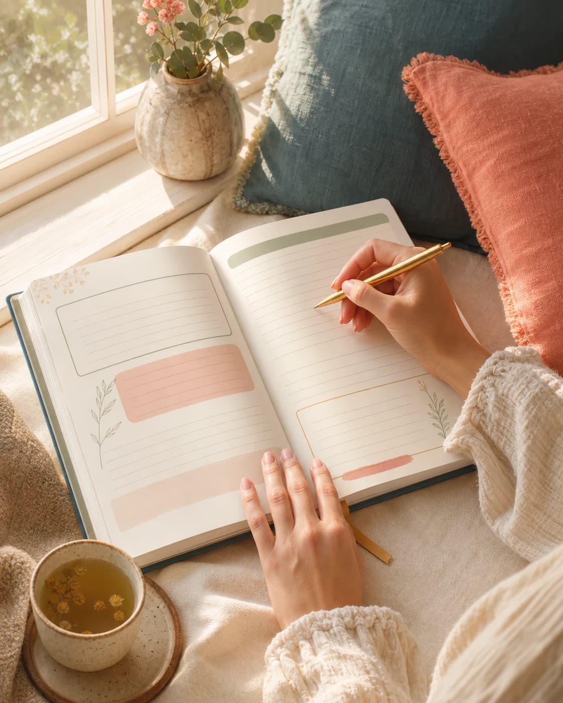 Hands writing in the guided journal at a sunlit window seat with a cup of herbal tea