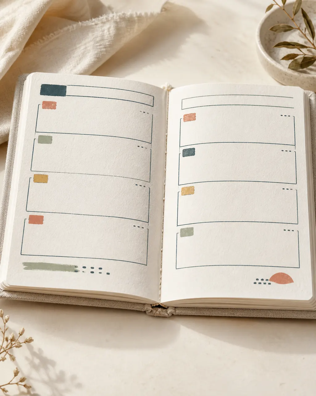 Linen weekly notepad open to a hand-drawn weekly layout, linen cover and stitched binding visible