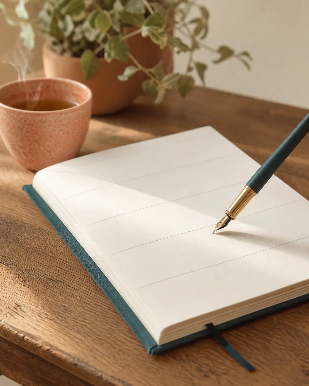 Linen weekly notepad in use on a wooden writing desk with pen, tea, and a sage potted plant