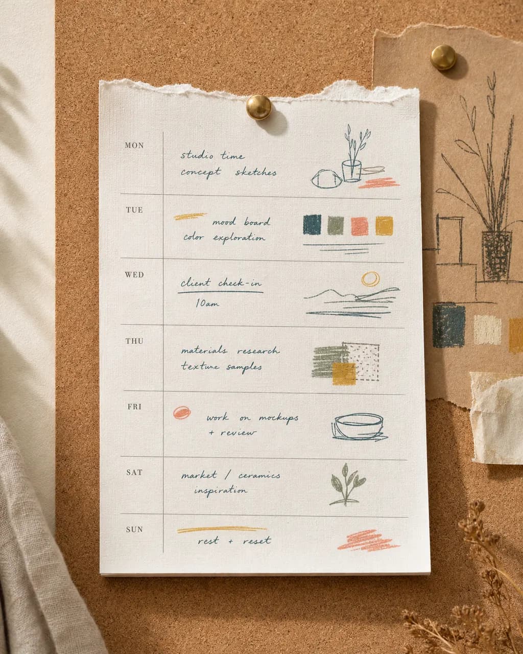 A torn weekly sheet from the linen notepad pinned to a cork board with kraft paper and a brass push-pin