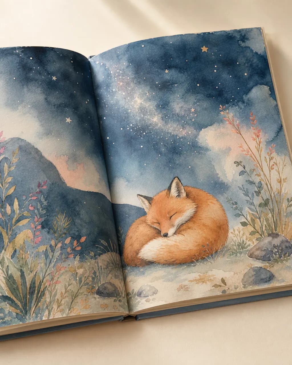 Watercolor spread of the small fox curled under a starry sky in indigos and peach