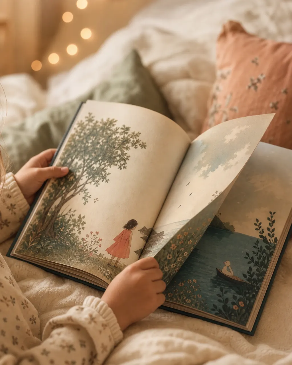 Child's hands turning a storybook page on a cozy bed at twilight with fairy lights