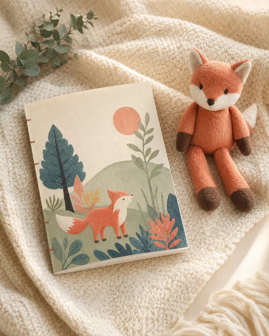Printed and bound storybook on a knitted blanket beside a stuffed fox toy