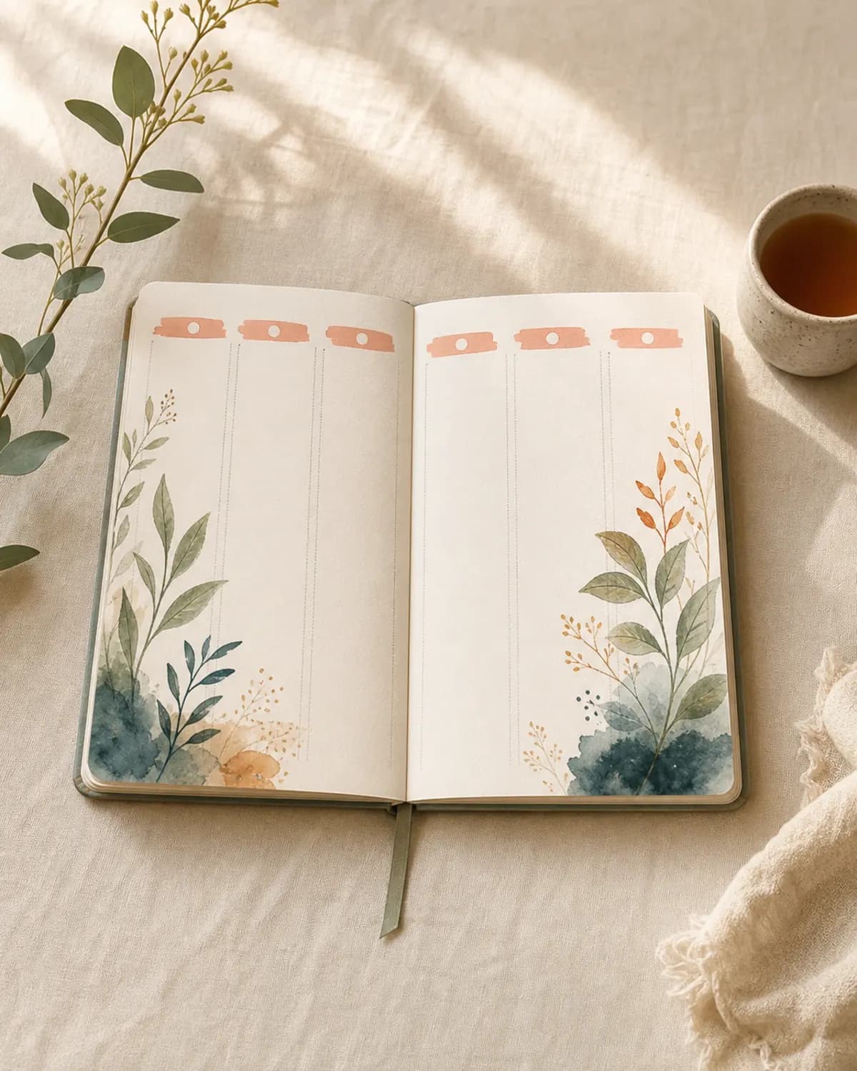 Open watercolor meadow planner with sage botanicals on warm cream linen