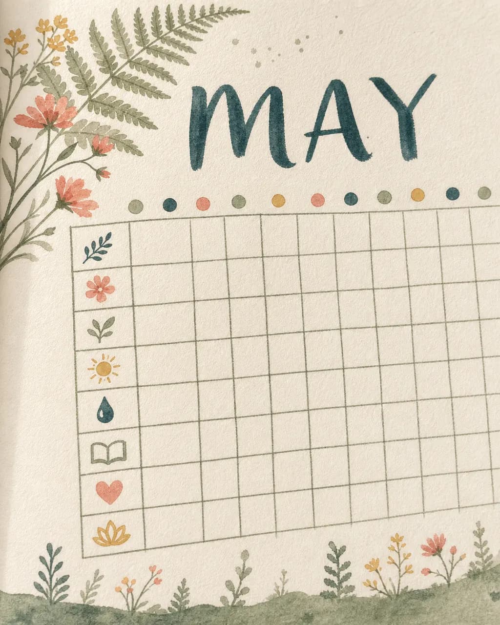 Meadow Planner — close-up of the monthly dashboard with sage botanicals