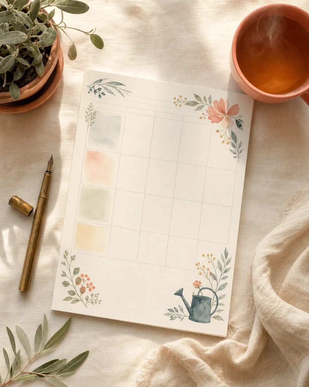 Meadow Planner — printed page in slow-Sunday flat-lay with plant and pen