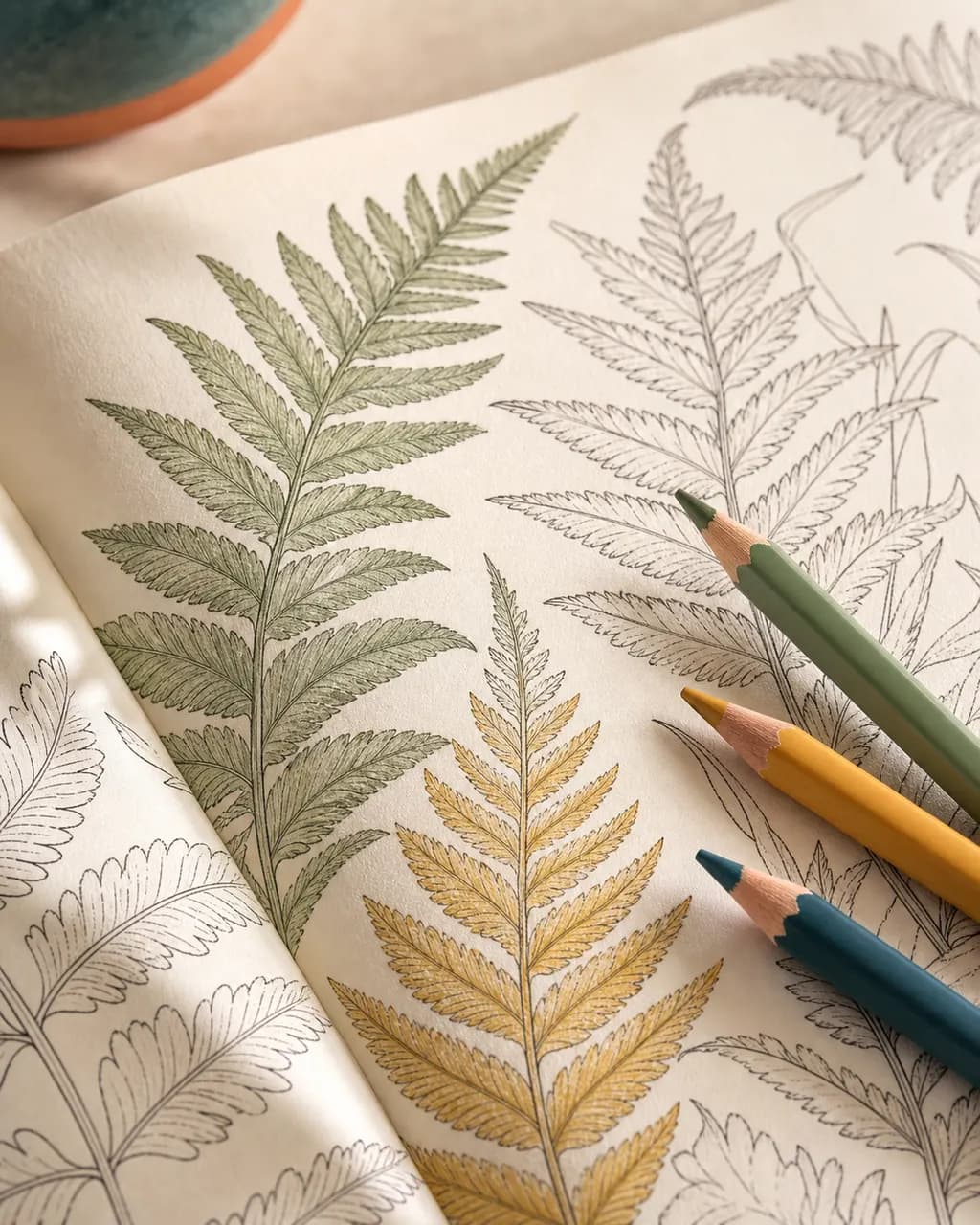 Macro of fern fronds half-painted in sage and ochre colored pencils
