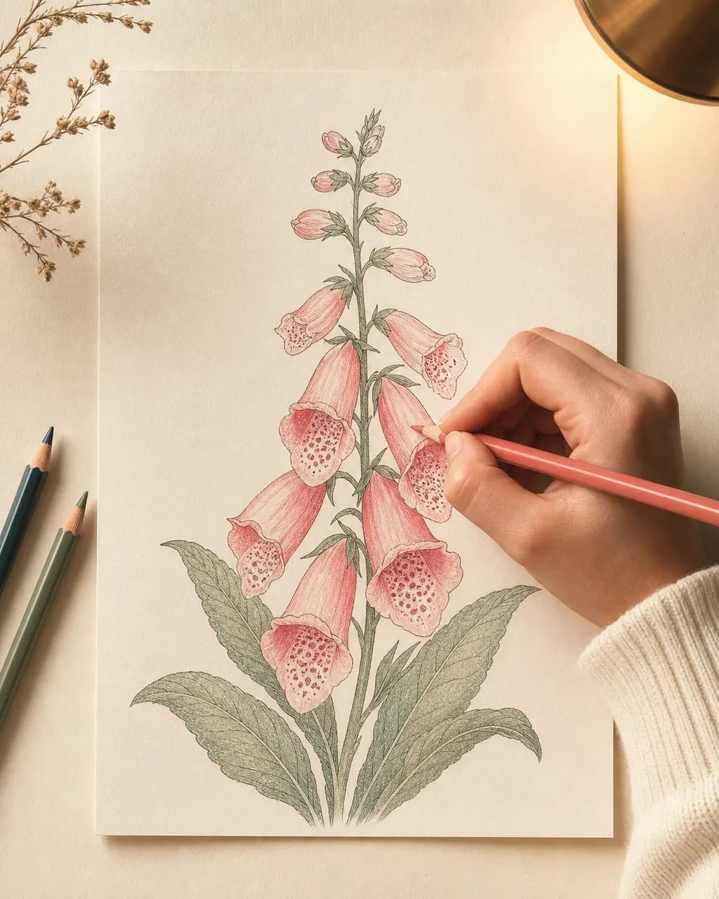 Hand carefully coloring a foxglove illustration under warm desk lamp glow