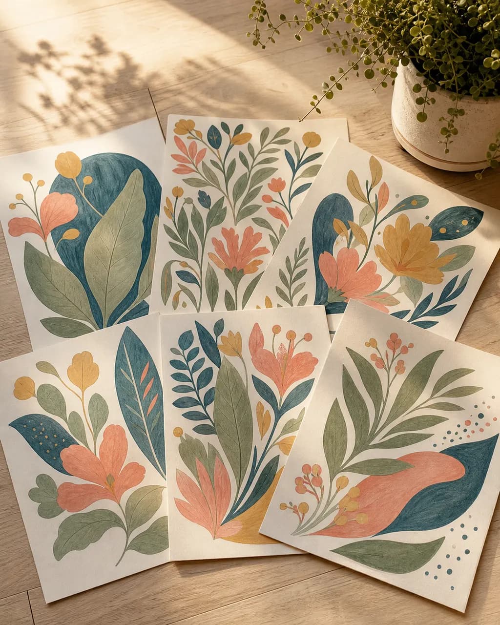 Finished coloring pages spread across a wooden floor in late afternoon light