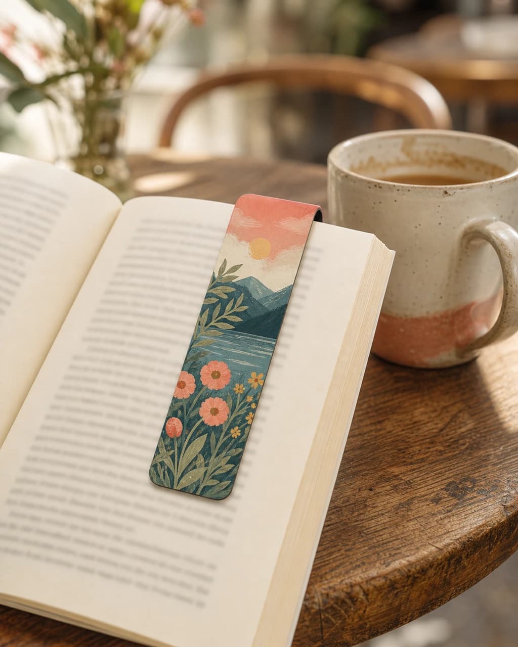 Reader Bookmarks — bookmark hugging an open paperback in a coffee shop