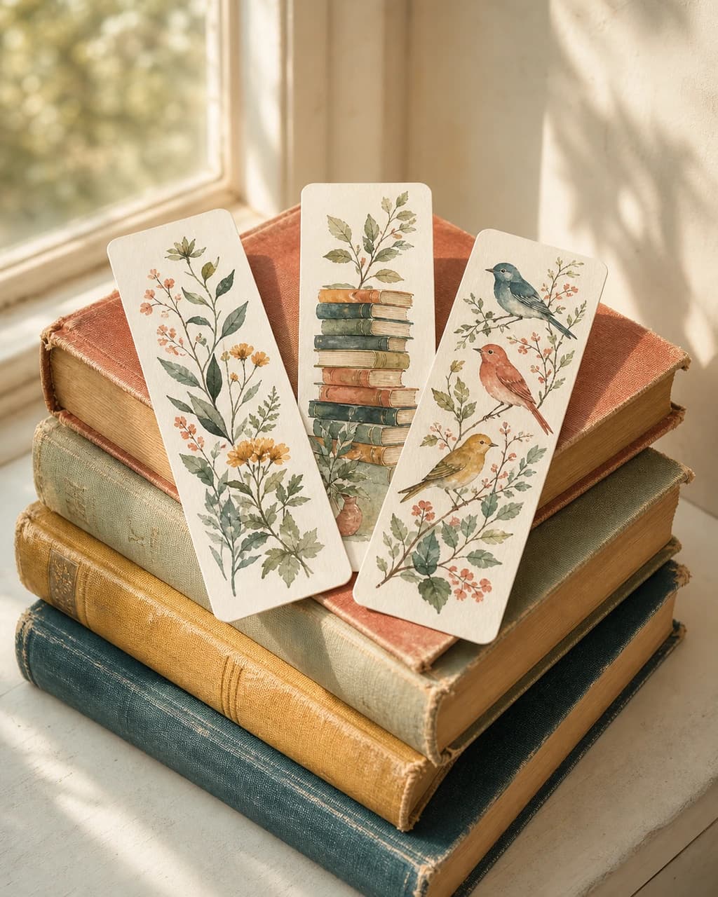 Reader Bookmarks — all three bookmarks fanned across a stack of well-loved novels