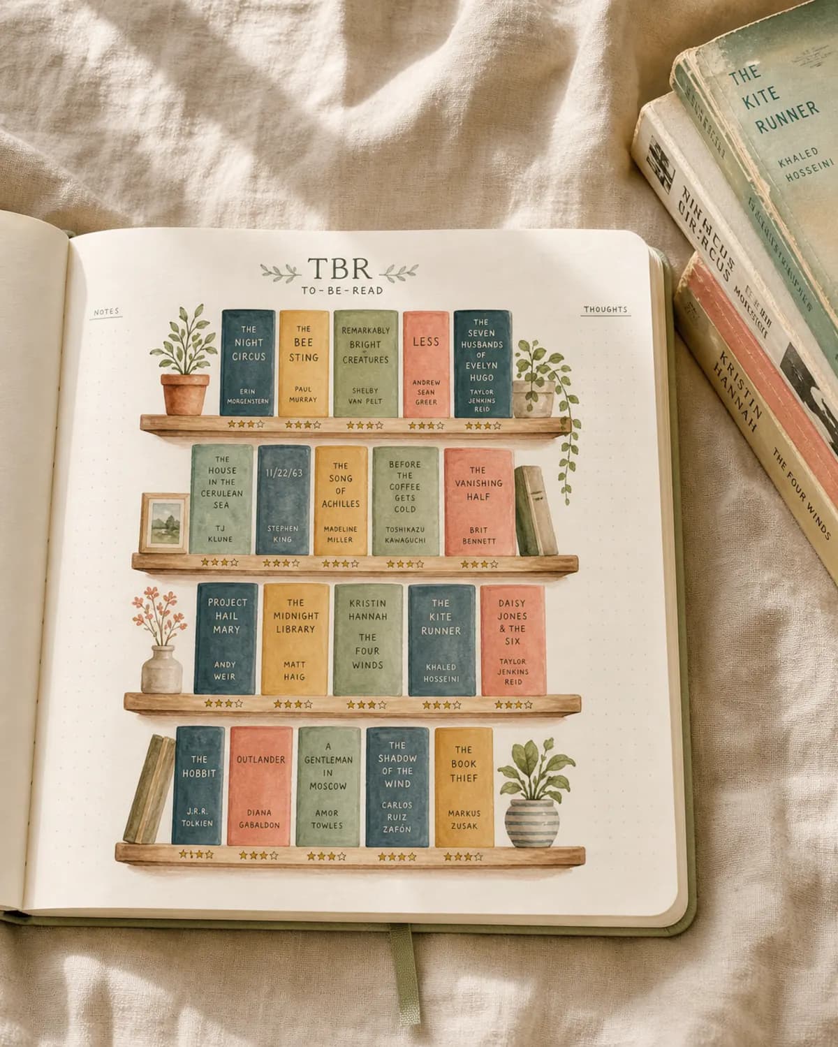 Reader's Journal open to a watercolor TBR shelf with novels stacked beside