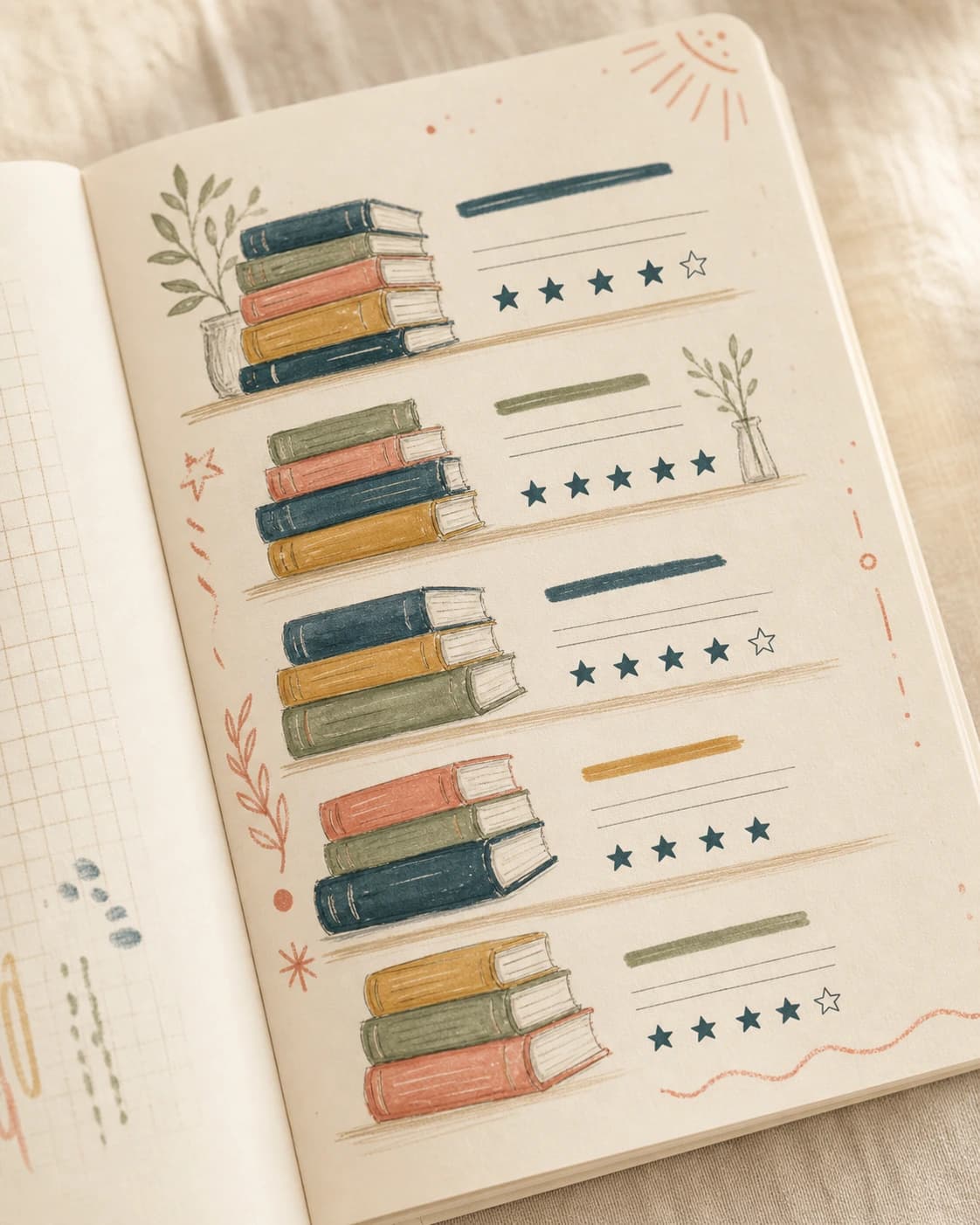 Close-up of the Reader's Journal TBR shelf page with star ratings and marginalia