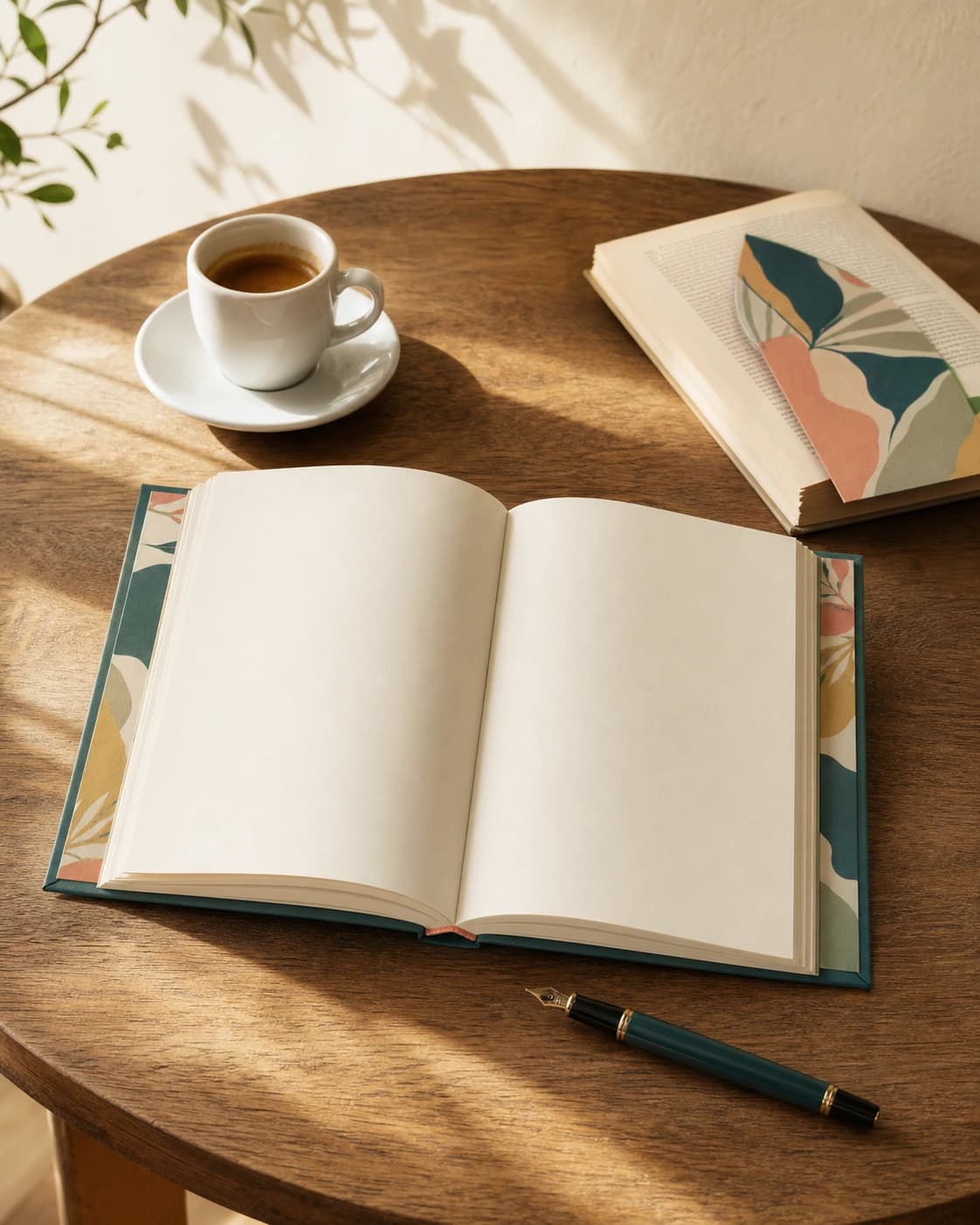 Reader's Journal open on a wooden cafe table with espresso, an open novel, and a fountain pen