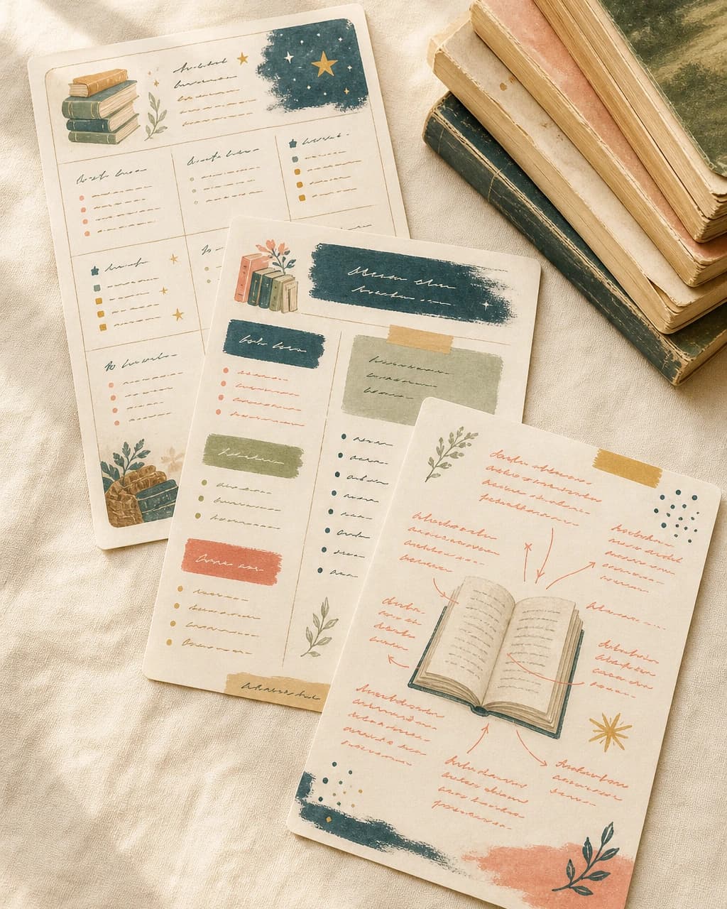 Flat-lay of three printed Reader's Journal pages with a stack of dog-eared paperbacks