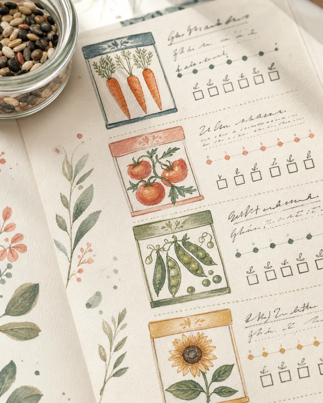Close-up of the seed tracker printable with a glass jar of mixed seeds