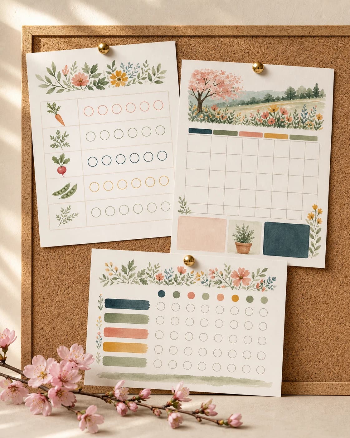 All three Spring Bundle printables tacked to a cork board with brass pins and cherry blossom