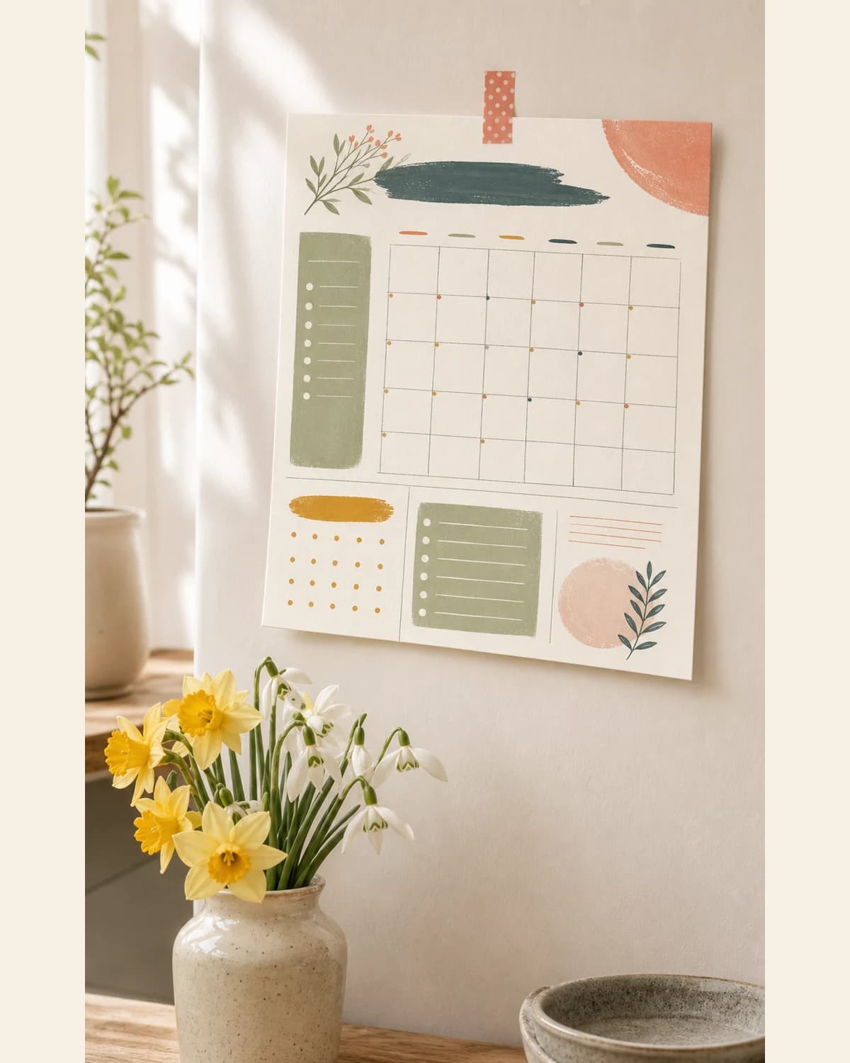 Printed May dashboard taped to a kitchen wall above a vase of daffodils and snowdrops
