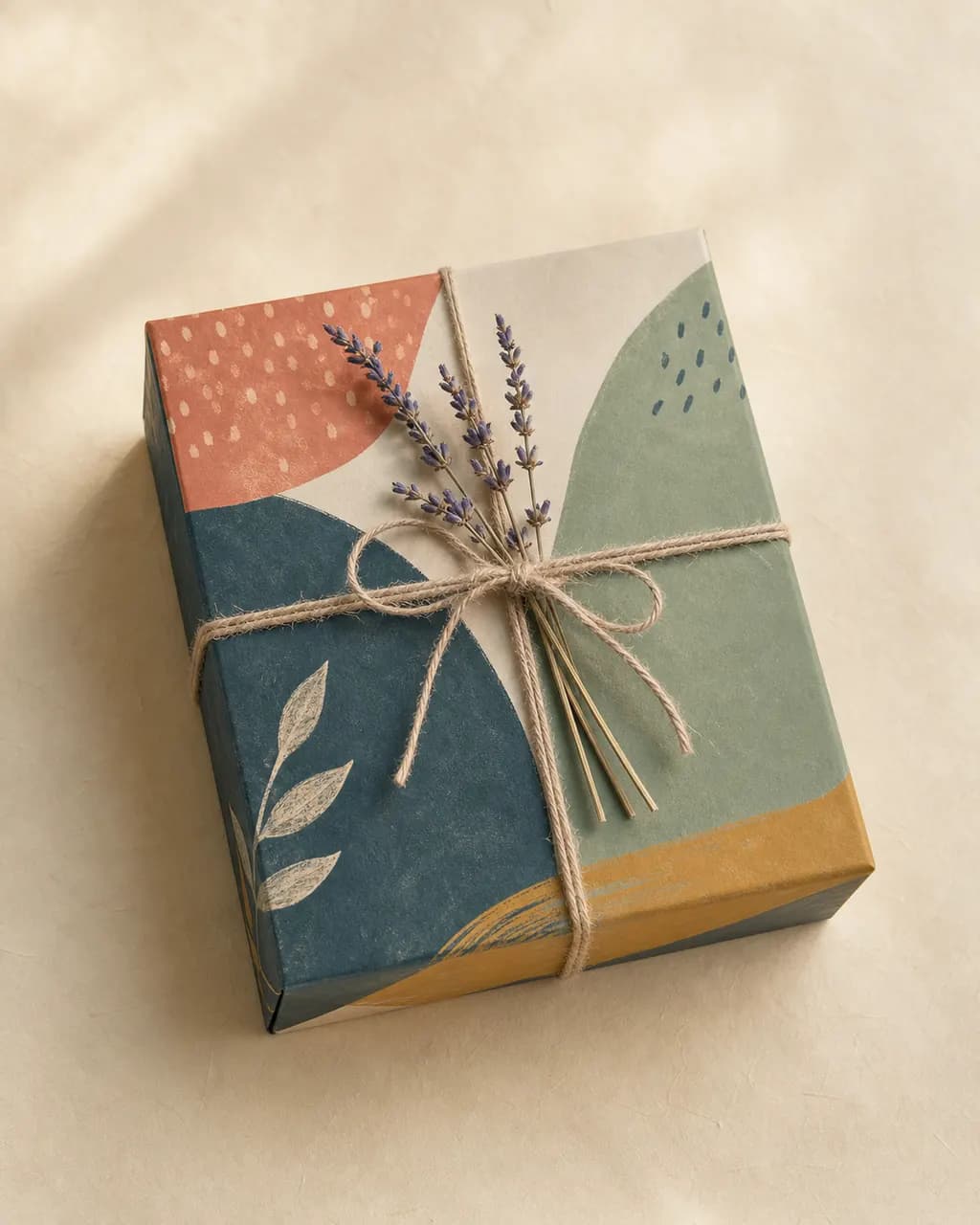 Starter bundle gift box closed and tied with linen string and a sprig of dried lavender