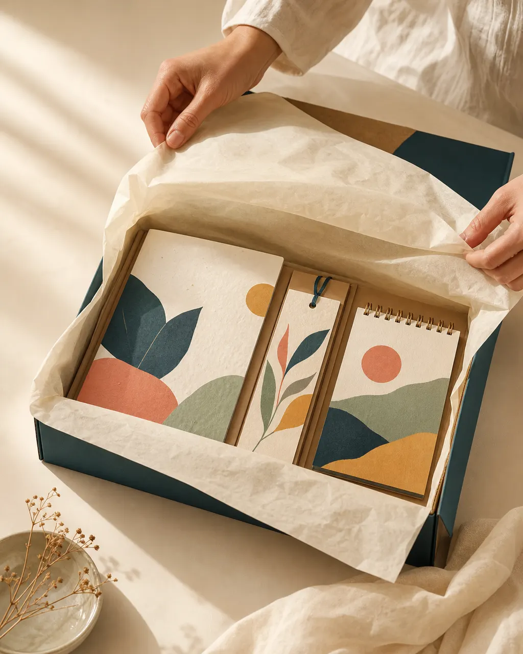 Hands lifting tissue paper to reveal the starter bundle notepad, bookmarks, and calendar