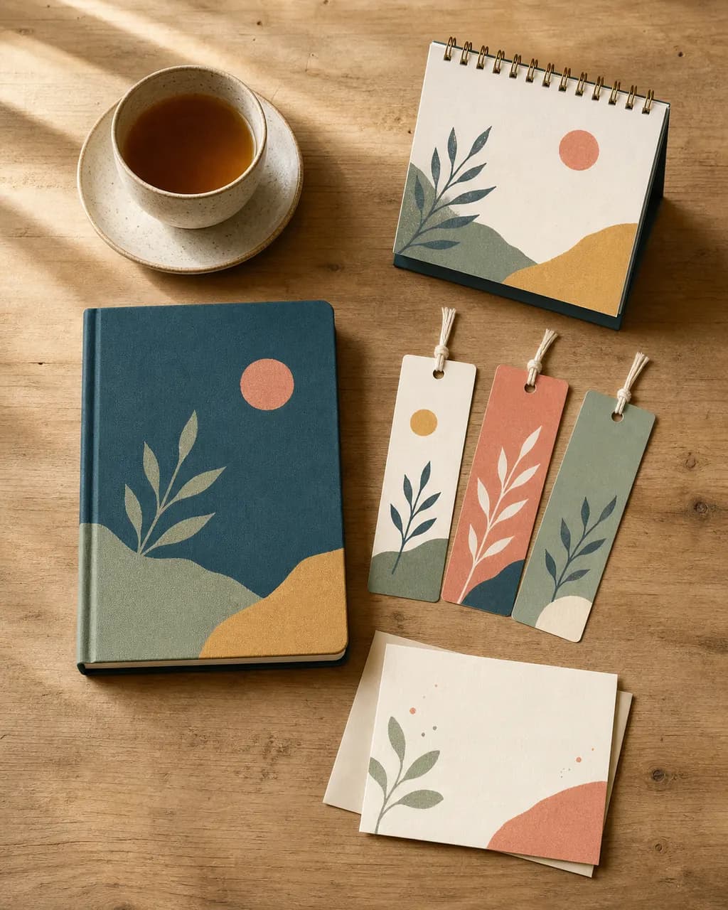 Overhead flat-lay of the starter bundle items spread across a wooden table
