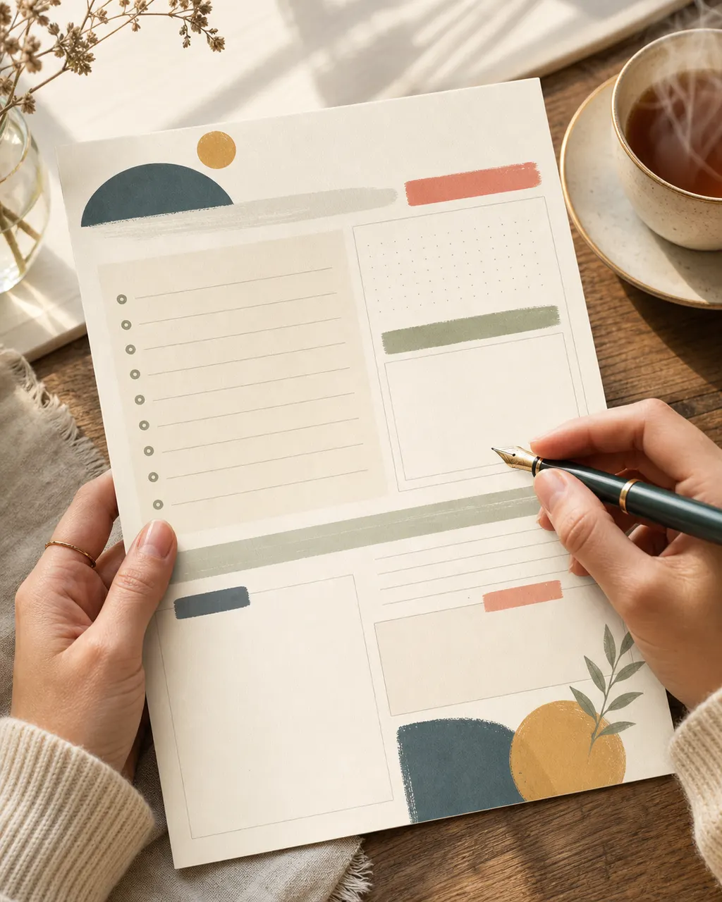 Sunday Reset printable in use — pen mid-prompt during a quiet weekend ritual