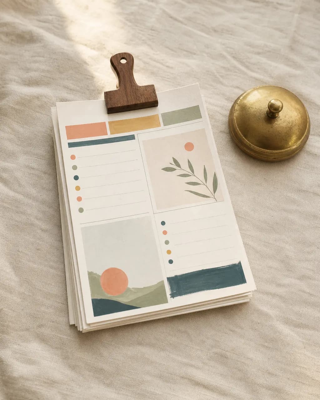 Stack of completed Sunday Reset sheets clipped together with a wooden binder clip