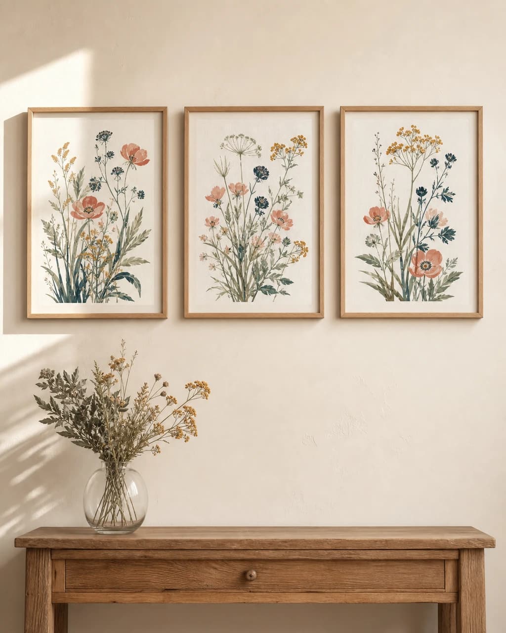 Wildflowers Print Set — all three prints framed in slim natural oak above a small console with a vase