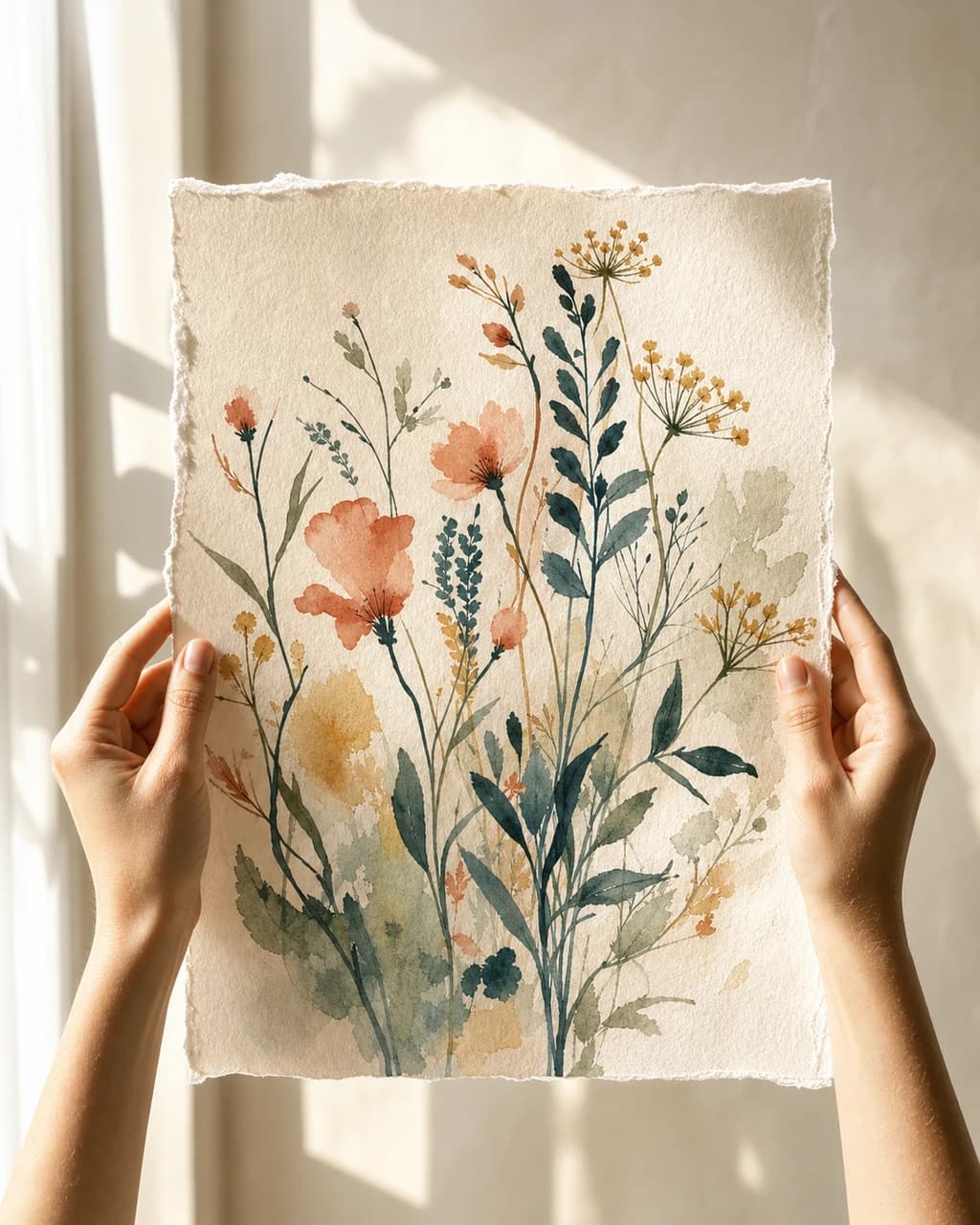 Wildflowers Print Set — an unframed print held against natural daylight, cotton paper texture visible