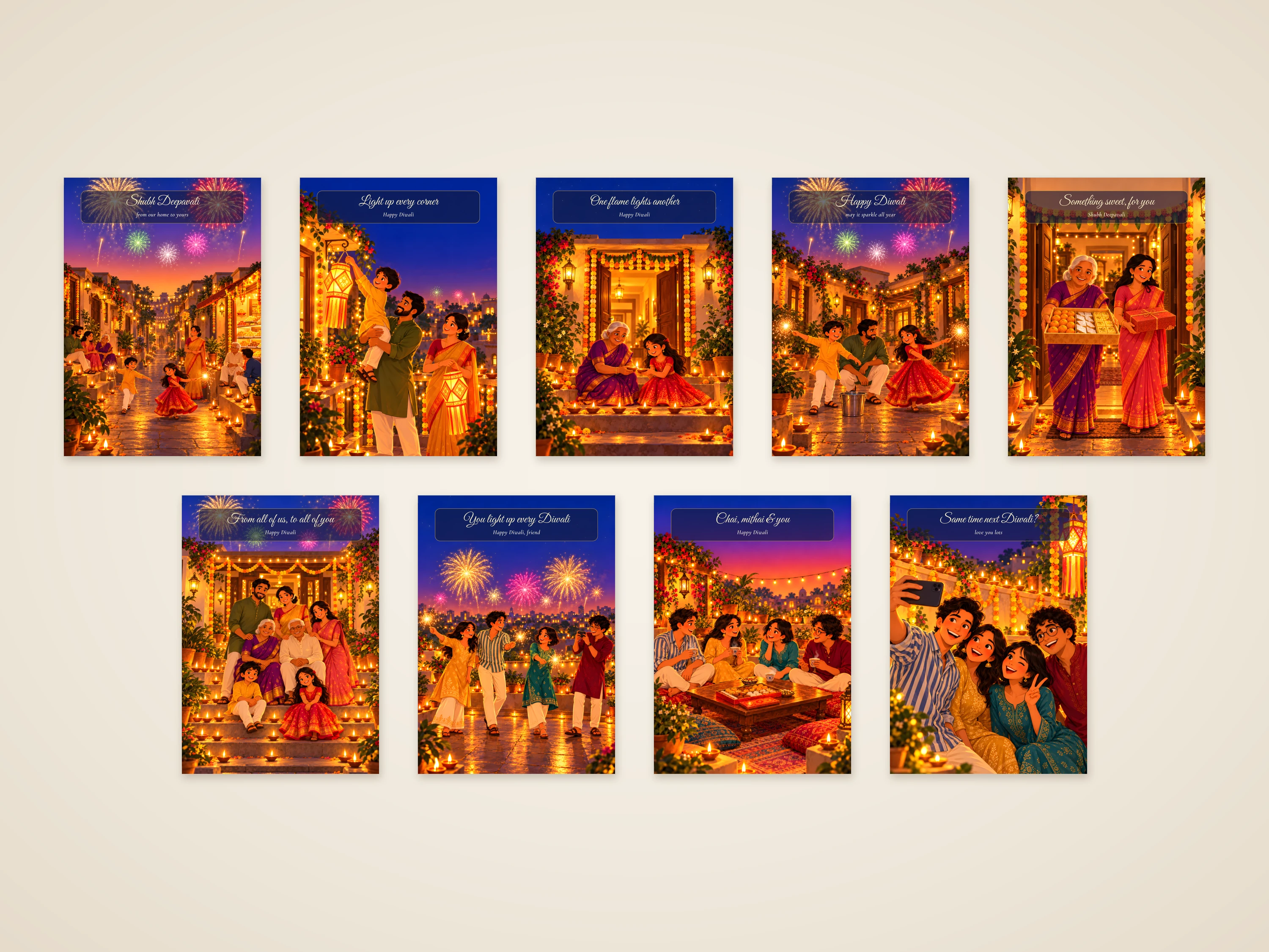 All nine card fronts — six family scenes and three for friends