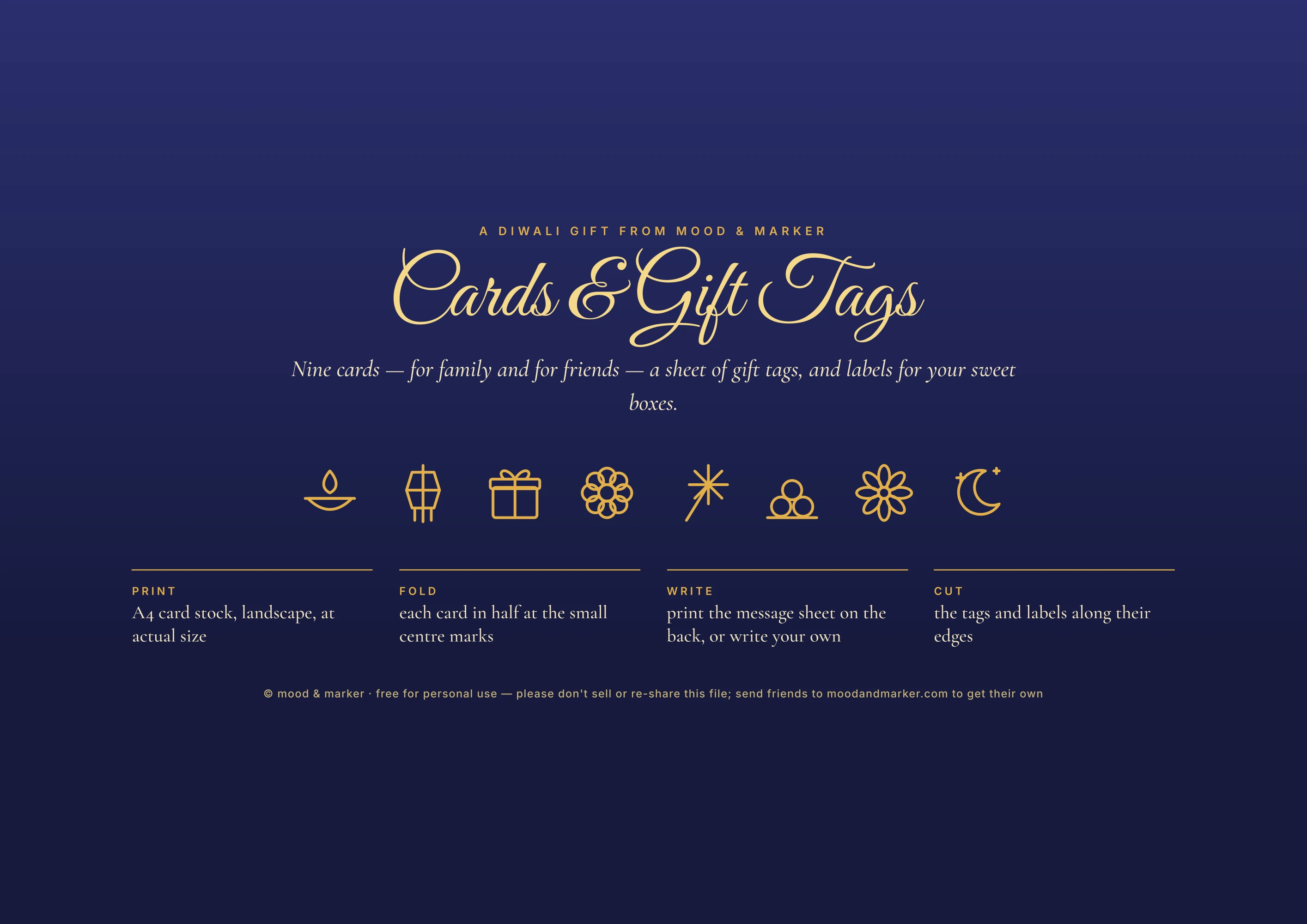 The indigo-and-gold intro sheet — Cards & Gift Tags