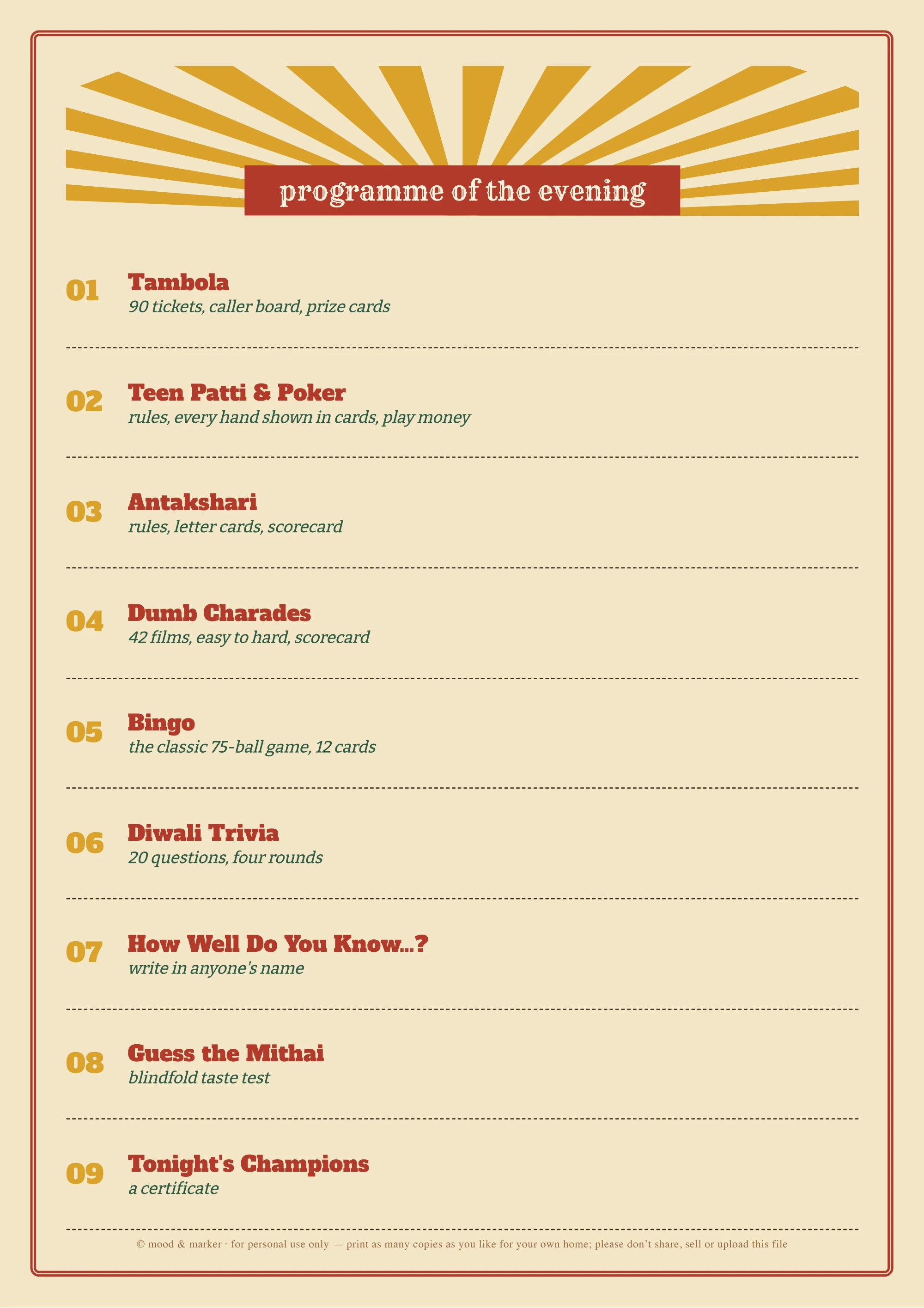 Programme of the evening — Tambola, Teen Patti & Poker, Antakshari, Dumb Charades, Bingo, Trivia and more