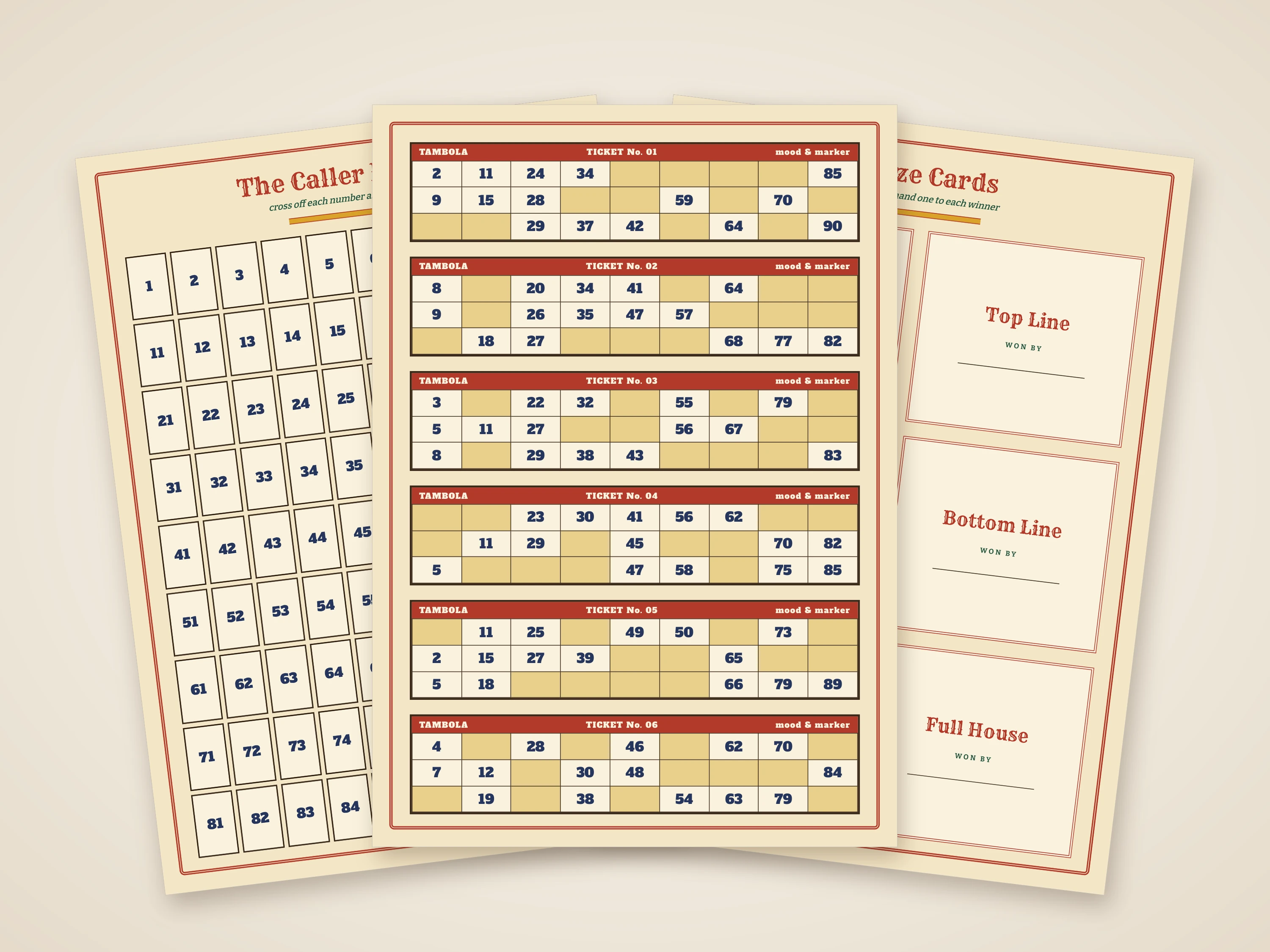 Tambola — the caller board, a sheet of six tickets and the prize cards