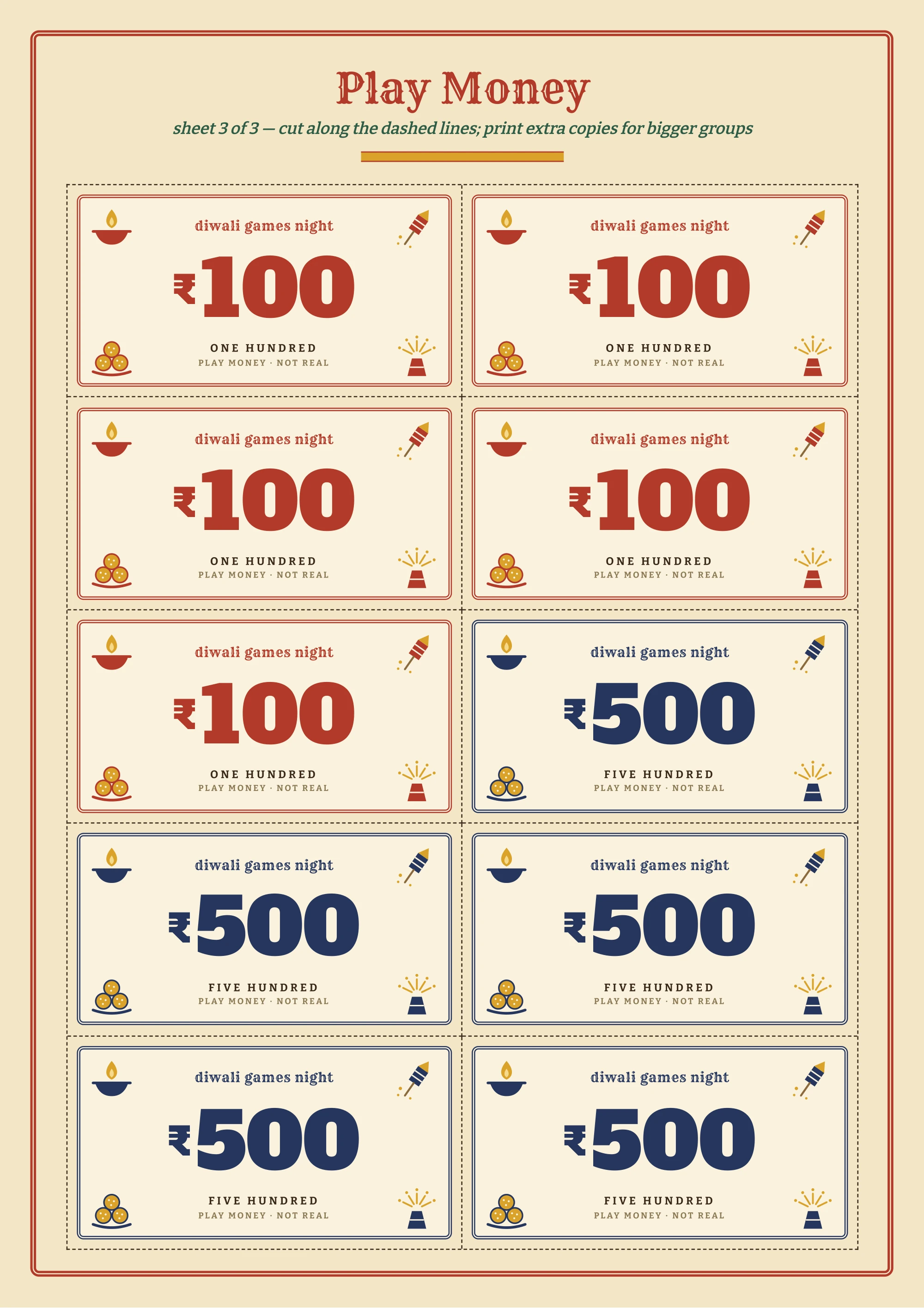 Play money — ₹100 and ₹500 notes with the value big in the centre and a diya, rocket, laddoos and anar in the corners