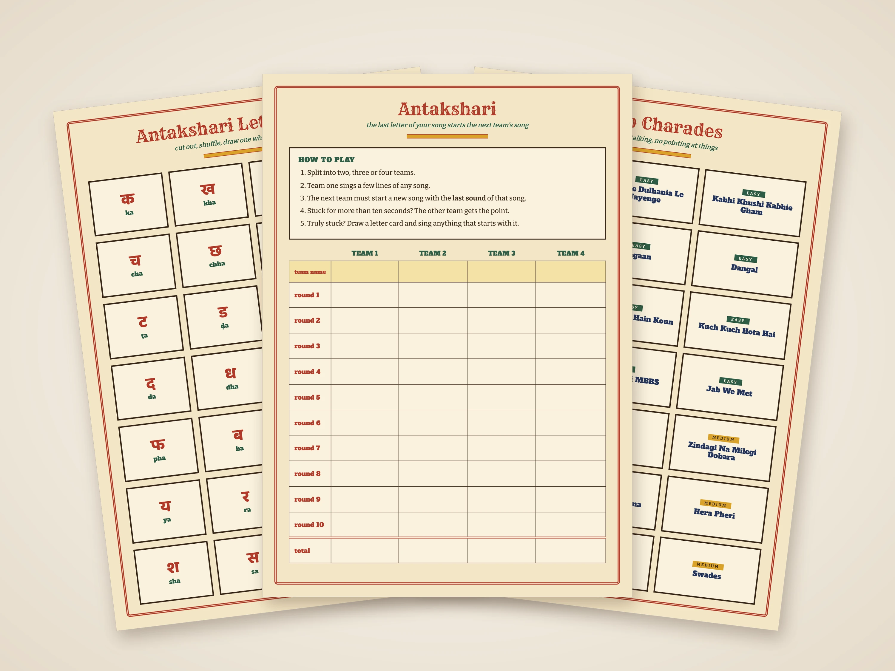 The Antakshari scorecard for four teams between the letter cards and the Dumb Charades films