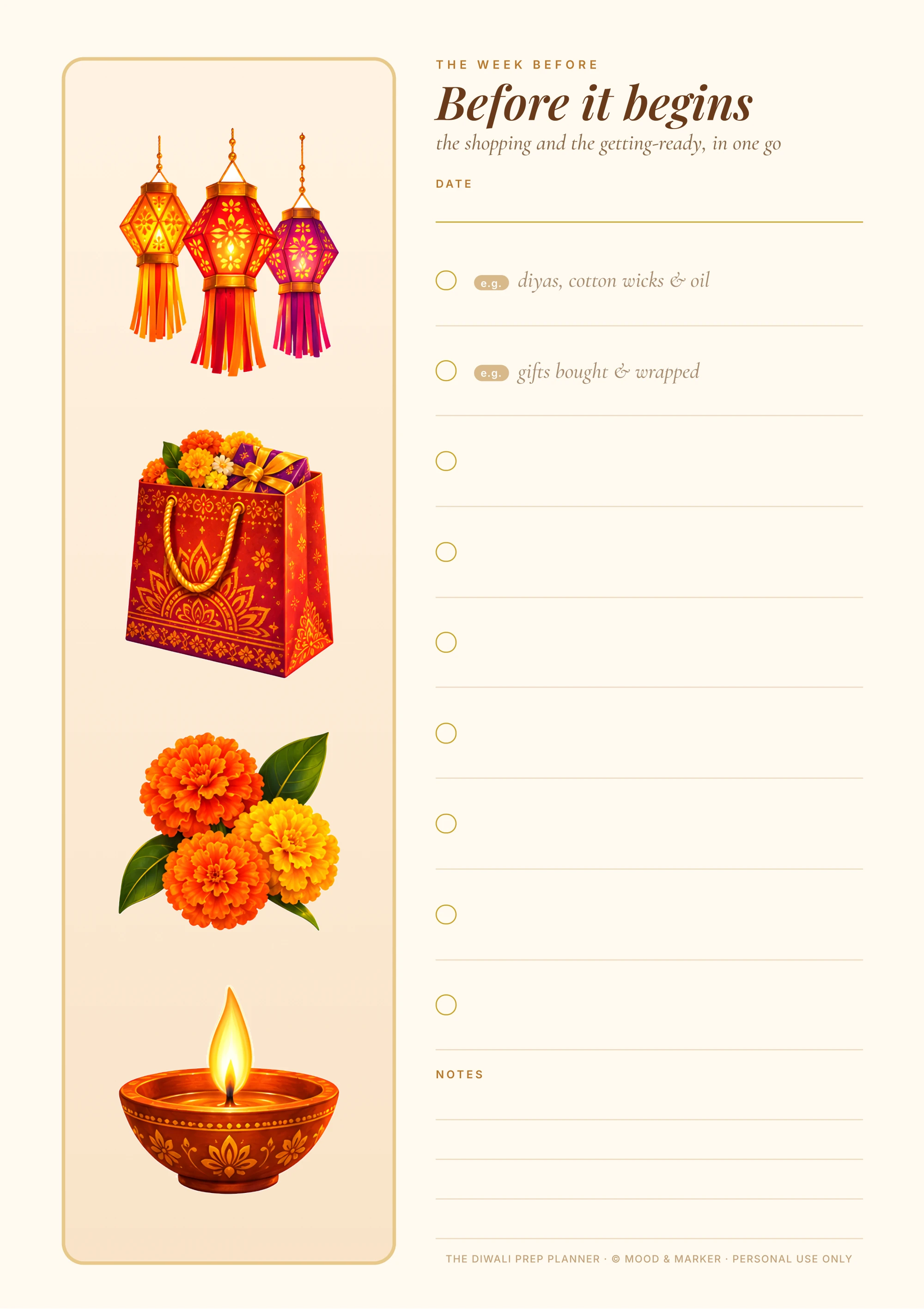 Before it begins — the week-before page, painted lanterns down the left and a checklist on the right